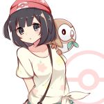  1girl :o arms_behind_back bangs beanie bird black_hair blue_eyes blunt_bangs blush collarbone creature creature_on_shoulder eyebrows eyebrows_visible_through_hair female_protagonist_(pokemon_sm) floating_hair hat highres koga_rejini looking_at_viewer owl parted_lips pokemon pokemon_(creature) pokemon_(game) pokemon_sm red_hat rowlet shirt short_hair short_sleeves solo strap_cleavage tied_shirt upper_body yellow_shirt 