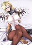 1girl absurdres alternate_hairstyle blonde_hair blue_background blue_eyes breasts gggg gradient gradient_background hair_down highres large_breasts light_smile long_hair looking_at_viewer mechanical_halo mercy_(overwatch) overwatch pantyhose solo thighs wings 
