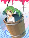  1girl bucket collarbone flat_chest green_eyes green_hair hair_bobbles hair_ornament halftone halftone_background highres in_bucket in_container japanese_clothes kimono kisume long_hair long_sleeves looking_at_viewer ninnzinn short_hair solo splashing tareme touhou water wooden_bucket 