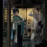  3boys black_hair blue_eyes brown_eyes brown_hair cape closed_eyes hakama haori highres horikawa_kunihiro jacket jacket_removed japanese_clothes maeda_toushirou male_focus mole mole_under_eye multiple_boys open_mouth ponytail rain scarf scarf_removed shinsengumi shorts smile touken_ranbu towel wet wet_clothes yamato-no-kami_yasusada yuzudaze 