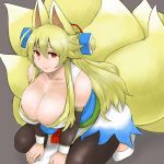  1girl animal_ears bare_shoulders blonde_hair breasts cleavage detached_sleeves fox_ears fox_tail grey_background huge_breasts izuna_(shinrabanshou) long_hair looking_at_viewer red_eyes shinrabanshou simple_background smile solo soranosuke tail 