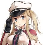  1girl black_gloves blonde_hair blue_eyes breasts capelet gloves graf_zeppelin_(kantai_collection) hand_on_headwear hat kantai_collection large_breasts long_hair looking_at_viewer military military_uniform rurikoma simple_background solo twintails uniform upper_body white_background 