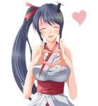  1girl alternate_hairstyle bare_shoulders blush breasts closed_eyes fusou_(kantai_collection) hair_ornament heart heart_hands highres kantai_collection kurosumisuzuri large_breasts long_hair obi open_mouth sash side_ponytail simple_background solo very_long_hair white_background 