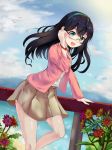  1girl absurdres alternate_costume artist_request black_hair blue_eyes casual contemporary flower glasses hand_on_glasses highres kantai_collection long_hair looking_at_viewer ocean ooyodo_(kantai_collection) open_mouth pleated_skirt skirt sky solo 