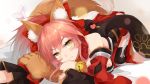  1girl animal_ears bare_shoulders blush breasts butterfly bzerox caster_(fate/extra) eyebrows eyebrows_visible_through_hair fate/grand_order fate_(series) fox_ears fox_tail heart highres japanese_clothes lying paws pink_hair smile solo tail tamamo_cat_(fate/grand_order) yellow_eyes 