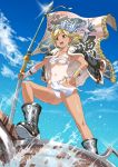  &gt;:d 1girl :d bangs black_boots blonde_hair blush boots breasts clouds collarbone djeeta_(granblue_fantasy) flag fur_trim glint granblue_fantasy groin hair_ribbon hand_on_hip highres holding jacket_on_shoulders loincloth lovezawa navel open_mouth outdoors outstretched_arm panties ribbon sarashi short_hair side-tie_panties sky smile solo sparkle standing swept_bangs underwear water wind yellow_eyes 