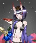  1girl :d bare_shoulders blush bob_cut fangs fate/grand_order fate_(series) gekato grey_background highres navel open_mouth pale_skin petals sakazuki short_hair shuten_douji_(fate/grand_order) smile solo violet_eyes 