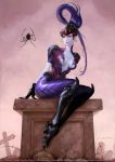  1girl artist_name bodysuit breasts character_name commentary cross earrings full_body gloves highres jewelry lips long_hair looking_to_the_side oliver_wetter overwatch pale_skin parted_lips pedestal ponytail purple_hair signature sitting solo spider tombstone very_long_hair visor watermark web_address widowmaker_(overwatch) 