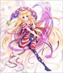  1girl absurdly_long_hair american_flag_dress american_flag_legwear blonde_hair blush closed_mouth clownpiece dress full_body hat jester_cap long_hair looking_at_viewer neck_ruff pantyhose polka_dot short_dress short_sleeves smile solo star striped torch touhou very_long_hair violet_eyes z.o.b zoom_layer 
