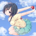 1girl ahoge azuki_(krps-hano) bag black_hair blue_sky blush closed_mouth clouds day female_protagonist_(pokemon_sm) floral_print frilled_skirt frills full_body green_skirt handbag highres holding holding_poke_ball jumping looking_at_viewer outstretched_arms poke_ball pokemon pokemon_(game) pokemon_sm shirt short_hair short_sleeves skirt sky solo strap_cleavage tareme yellow_shirt 