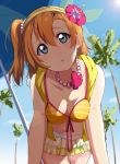  1girl :o absurdres asymmetrical_hair bare_shoulders beach_umbrella bikini bikini_skirt blue_eyes blue_sky blurry breasts cleavage close-up collarbone day depth_of_field downblouse flower hair_flower hair_ornament hairband hanging_breasts head_tilt hibiscus highres horizontal_stripes jewelry kousaka_honoka layered_skirt looking_at_viewer love_live!_school_idol_project navel necklace outdoors parted_lips pearl_necklace plant shiokazunoko short_hair side_ponytail skirt sky solo stomach striped striped_bikini summer sun sunlight swimsuit tareme tree umbrella yellow_bikini yellow_skirt 