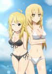  2girls ahoge arms_behind_back bikini blonde_hair breasts cleavage collarbone crossed_arms front-tie_bikini front-tie_top green_eyes groin hoshii_miki idolmaster lieass long_hair looking_at_viewer multiple_girls navel one_eye_closed outdoors shokuhou_misaki side-tie_bikini sideboob star star-shaped_pupils swimsuit symbol-shaped_pupils to_aru_kagaku_no_railgun to_aru_majutsu_no_index yellow_eyes 