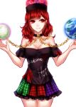  1girl absurdres bare_shoulders breasts chain choker cleavage clothes_writing collar collarbone cowboy_shot earth_(ornament) eyebrows eyebrows_visible_through_hair hecatia_lapislazuli highres moon_(ornament) multicolored_skirt off-shoulder_shirt polos_crown red_eyes redhead sheya shirt short_sleeves simple_background solo touhou white_background 