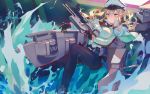  1girl anchor black_gloves blonde_hair blue_eyes cannon capelet gloves graf_zeppelin_(kantai_collection) hat kantai_collection mecha_musume military military_uniform moyuvvx pantyhose peaked_cap pleated_skirt shirt skirt twintails uniform water white_hat white_shirt 