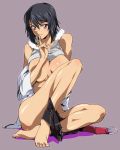  1girl bare_shoulders barefoot belt bent_knees black_hair breast_press code_geass code_geass:_boukoku_no_akito feet finger_to_mouth full_body highres kousaka_ayano looking_at_viewer no_bra purple_background short_hair short_shorts shorts simple_background sitting smile solo toenails toes undressing violet_eyes wankoro_mochi white_background 