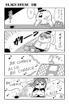  2girls 4koma bkub blush cockroach comic digital_media_player earphones hair_ornament hair_scrunchie insect ipod monochrome multiple_girls musical_note personification quaver scrunchie simple_background sparkle topknot translated two-tone_background 