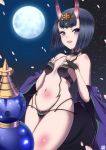  1girl black_hair cherry_blossoms fate/grand_order fate_(series) full_moon gourd highres horns japanese_clothes kimono looking_at_viewer midriff moon navel oni ookami_maito open_mouth short_hair shuten_douji_(fate/grand_order) smile solo violet_eyes 
