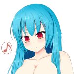  &gt;:3 1girl :3 bangs bare_shoulders blue_hair blush breasts cleavage collarbone damao_yu hair_ornament hairclip highres hinanawi_tenshi long_hair looking_at_viewer musical_note nude red_eyes smug solo spoken_musical_note touhou tsurime upper_body 
