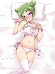  1girl bed bell bell_choker blush bra cat_cutout cat_ear_panties cat_lingerie choker cleavage_cutout double_bun frilled_bra frills green_hair highres jingle_bell lying matatabi_(2ccp) midriff morizono_wakana navel on_back panties paw_pose pillow pretty_rhythm pretty_rhythm_rainbow_live short_hair side-tie_panties sweatdrop tears thigh-highs underwear underwear_only violet_eyes wavy_mouth white_bra white_legwear 