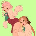  2girls :d ahoge akigumo_(kantai_collection) ass brown_hair empty_eyes glasses green_eyes hair_bun hair_ribbon kantai_collection long_hair long_sleeves makigumo_(kantai_collection) multiple_girls no_legwear ojipon open_mouth panties pink_hair ponytail ribbon school_uniform simple_background skirt sleeves_past_wrists smile underwear yellow_eyes yellow_panties yuri 