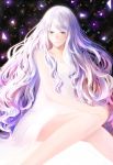  1girl bangs closed_mouth dress hand_on_own_knee highres long_hair original purple_hair sakimori_(hououbds) sitting sleeveless sleeveless_dress solo swept_bangs very_long_hair violet_eyes wavy_hair white_dress 