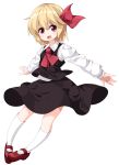  1girl ascot blonde_hair dutch_angle full_body hair_ribbon highres long_sleeves open_mouth outstretched_arms red_eyes ribbon rumia ruu_(tksymkw) shirt short_hair skirt skirt_set smile solo spinning touhou vest 