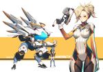  1girl ^_^ absurdres arm_at_side artist_name bangs blonde_hair blue_eyes blush bodysuit breasts character_name closed_eyes closed_mouth d.va_(overwatch) d.va_(overwatch)_(cosplay) flying_sweatdrops gloves gun haje high_ponytail highres holding holding_gun holding_weapon index_finger_raised knees_together_feet_apart large_breasts long_hair long_sleeves looking_at_viewer mercy_(overwatch) multiple_views no_wings overwatch ponytail pout projected_inset robot standing swept_bangs trigger_discipline weapon white_gloves 