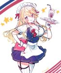  1girl alternate_costume blonde_hair blue_eyes drink iowa_(kantai_collection) kantai_collection long_hair maid_headdress natsumi_(natumi06) star star-shaped_pupils symbol-shaped_pupils thigh-highs tray waitress wrist_cuffs 