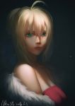  1girl 2016 absurdres ahoge artist_name baliu blonde_hair breasts cleavage closed_mouth collarbone dated dress fate/stay_night fate_(series) fur_trim green_eyes highres lips looking_at_viewer nose portrait red_dress red_lips saber shawl short_hair solo strapless strapless_dress upper_body 