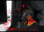  1girl arm_up blood blood_writing bloody_feet bloody_hands chinese_clothes corpse doll dragging dying_message fangs flower junko_(touhou) koto_inari lily_(flower) long_hair monochrome ominous_shadow open_door red_eyes sash spot_color tabard touhou walking 