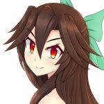  &gt;:) 1girl bangs bare_shoulders blush bow brown_hair damao_yu hair_between_eyes hair_bow large_bow long_hair looking_at_viewer looking_back nude portrait red_eyes reiuji_utsuho smile solo touhou 