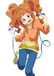  1girl absurdres commentary green_eyes highres hood hoodie idolmaster jump_rope shoes sneakers takatsuki_yayoi twintails white_background yamamoto_souichirou 