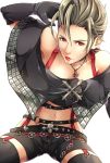  1girl belt closed_mouth final_fantasy final_fantasy_x final_fantasy_x-2 gloves grey_hair highres hiromyan jewelry lips lipstick looking_at_viewer midriff navel necklace off_shoulder paine paine_(ff10) red_eyes red_lips simple_background skull skull_belt solo square_enix white_background 