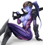  1girl arm_support bodysuit breasts crossed_legs gloves gun lips long_hair looking_at_viewer overwatch ponytail purple_hair purple_skin rifle shibusun simple_background sitting sniper_rifle solo very_long_hair visor weapon white_background widowmaker_(overwatch) yellow_eyes 