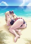  1girl ass beach blonde_hair blue_sky blush bow drill_hair elise_(fire_emblem_if) feet fire_emblem fire_emblem_if frilled_swimsuit frills hair_bow hair_ribbon long_hair looking_at_viewer lying ocean one-piece_swimsuit ribbon sand sky smile solo swimsuit thor_(deep_rising) twin_drills very_long_hair violet_eyes water 