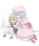  2girls ascot bat_wings blonde_hair blue_hair eating food frilled_legwear hair_ribbon hat hat_ribbon high_heels kneeling mary_janes mitsumoto_jouji mob_cap multiple_girls onigiri puffy_sleeves remilia_scarlet ribbon rumia shoes short_hair short_sleeves sitting skirt skirt_set touhou wings 