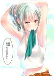  1girl adjusting_hair armpits arms_up bare_shoulders commentary_request green_hair juurouta kantai_collection long_hair looking_at_viewer mouth_hold navel solo translation_request tying_hair upper_body violet_eyes yuubari_(kantai_collection) 