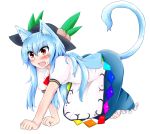  1girl :d all_fours animal_ears barefoot blue_hair blush body_blush cat_ears cat_tail dress drooling happy highres hinanawi_tenshi kemonomimi_mode king_(ougon_kingyo-bachi) long_hair open_mouth paw_pose red_eyes smile solo sweat tail toes touhou 