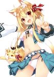  1girl :d age_of_ishtaria animal_ear_fluff animal_ears bangs bare_shoulders black_ribbon blonde_hair blue_skirt bow breasts cat_ears cat_girl cat_tail commentary_request creature crop_top crop_top_overhang detached_sleeves eyebrows_visible_through_hair fang groin guna_(age_of_ishtaria) hair_between_eyes hair_bow highres long_hair long_sleeves navel open_mouth panties red_bow red_eyes ribbon saeki_touma side-tie_panties skirt small_breasts smile solo striped striped_bow tail underwear very_long_hair white_panties white_sleeves 