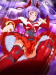  1girl black_hat bow bracelet cure_magical frilled_skirt frills hair_bow hat izayoi_liko jewelry kicking long_hair magical_girl mahou_girls_precure! mini_hat mini_witch_hat precure purple_background purple_hair red_bow red_legwear red_skirt ruby_style serious skirt solo striped striped_bow thigh-highs tj-type1 twintails violet_eyes witch_hat 
