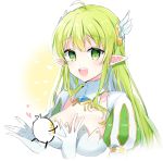  1girl :d ahoge bangs blush breasts character_request creature crystal elf elsword eyebrows eyebrows_visible_through_hair fringe gloves green_eyes green_hair hair_between_eyes head_wings heart jewelry large_breasts long_hair looking_at_another open_mouth pinb pointy_ears puffy_short_sleeves puffy_sleeves rena_(elsword) short_sleeves smile upper_body white_background white_gloves white_wings wings 