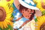  1girl blue_sky bow braid brown_eyes brown_hair clouds dress earrings flower hat hat_bow jewelry konomi_(kumagai20) looking_at_viewer open_mouth original outdoors sky solo summer sun_hat sunflower white_dress white_hat 