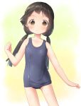  1girl amayadori_machi bangs bare_shoulders black_hair blunt_bangs blush brown_eyes commentary_request flat_chest kumamiko long_hair looking_at_viewer low_twintails one-piece_swimsuit ramble school_swimsuit smile solo standing swimsuit twintails 