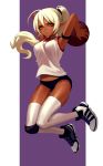  1girl arm_strap armpits arms_up bare_arms basketball basketball_uniform breasts buruma dark_elf dark_skin elf fkey full_body highres large_breasts long_hair original pointy_ears ponytail shirt sleeveless sleeveless_shirt solo sportswear tan thigh-highs thighs very_long_hair white_legwear yellow_eyes 