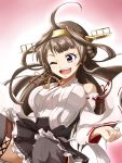  1girl ahoge bare_shoulders breasts brown_hair detached_sleeves florence_temporary hairband headgear highres japanese_clothes kantai_collection kongou_(kantai_collection) long_hair nontraditional_miko one_eye_closed open_mouth ribbon-trimmed_sleeves ribbon_trim simple_background solo teeth violet_eyes 
