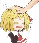  1girl :d ^_^ ascot blush closed_eyes collared_shirt colored_eyelashes fang happy jagabutter laughing open_mouth petting rumia shirt short_hair smile solo_focus touhou translated vest 