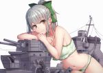  1girl bow bra breasts brown_eyes cannon cleavage closed_mouth eyebrows eyebrows_visible_through_hair green_bow green_bra green_panties grey_hair hair_bow kantai_collection leaning_to_the_side looking_at_viewer machinery navel panties ponytail short_hair silver_hair simple_background sitting smile stomach terras turret underwear underwear_only white_background yellow_eyes yuubari_(kantai_collection) 