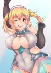  1girl between_breasts blonde_hair blush breasts cleavage covered_navel elbow_gloves gloves goodsmile_racing headphones heo huge_breasts leotard looking_at_viewer necktie necktie_between_breasts nitroplus one_eye_closed open_mouth orange_eyes plump racequeen short_hair skin_tight smile solo super_pochaco twintails 