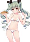  1girl anchovy bikini blush breasts brown_eyes cleavage commentary_request drill_hair food fork front-tie_top girls_und_panzer green_hair hair_ribbon highres long_hair looking_at_viewer meatball navel pasta qunqing ribbon side-tie_bikini smile solo spaghetti spaghetti_and_meatballs swimsuit twin_drills twintails white_bikini white_swimsuit 