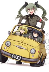  3girls anchovy arm_support armband black_hair blonde_hair blush bow braid brown_eyes car carpaccio drill_hair driving fiat fiat_500 girls_und_panzer green_eyes green_hair grin ground_vehicle hair_bow long_hair map motor_vehicle multiple_girls open_mouth pepperoni_(girls_und_panzer) red_eyes short_hair side_braid simple_background smile twin_drills uniform white_background yuzumiya_mono 